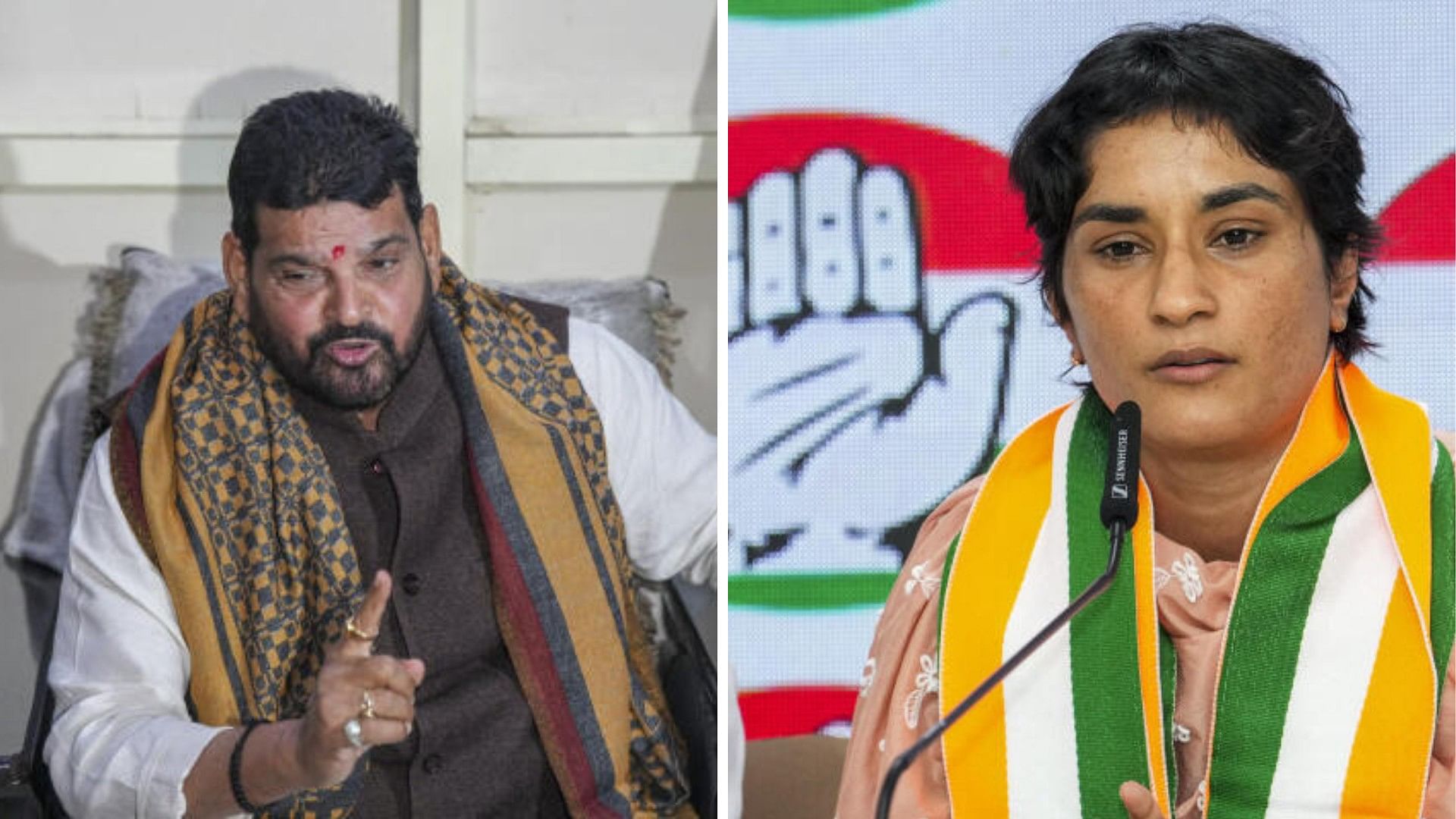 <div class="paragraphs"><p>Former WFI chied Brij Bhushan Sharan Singh (L), Congress candidate and wrestler Vinesh Phogat.&nbsp;</p></div>